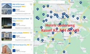 Klik voor hotels onderweg Kassel A7, A44 en A49 in deelstaat Hessen, Duitsland op Google Maps hotelkaart