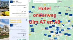 Overzicht met alle hotels onderweg Ulm langs de snelwegen A8, E52, A7 en E43 in de Duitse deelstaat Baden-Württemberg op Goolge Maps kaart