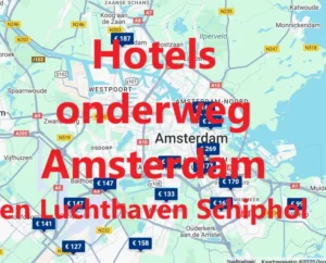 Alle autosnelweghotels onderweg langs de A1, A2, A4, A5, A7/A8 en A10 bij Amsterdam, in de buurt van luchthaven Schiphol en het centrum, op Google Maps hotelkaart: