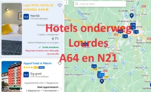 Klik voor overzicht van alle hotels onderweg Lourdes langs de snelwegen A64 en N21, op Google Maps kaart