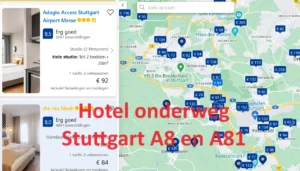 Klik voor overzicht met alle hotels onderweg Stuttgart langs de snelwegen A8/E52 en A81 op Goolge Maps hotelkaart