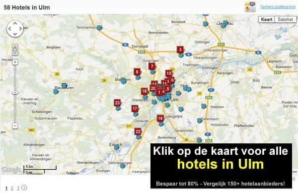 Klik voor hotelkaart op Google Maps met alle hotels onderweg Ulm in de buurt van de snelwegen A7 en A8