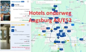 Klik voor alle hotels onderweg Augsburg langs de snelweg A8/E52, B2 en B17 in de Duitse deelstaat Beieren in Zuid Duitsland