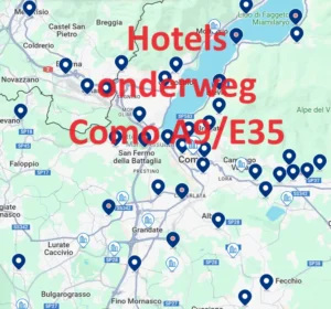 Alle hotels onderweg Como(meer) langs de snelweg (autostrada) A9/E35 in de regio Lombardije, Italië, dichtbij de Zwitserse grens en de stad Chiasso op hotelkaart