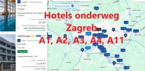 Alle snelweghotels onderweg langs de A1, A2, A3, A4, A11, E65, E70 in de buurt van Zagreb, de hoofdstad van Kroatië, op Google Maps kaart