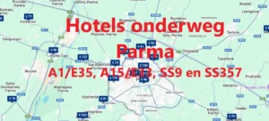 lle snelweghotels onderweg langs de A1/E35, A15/E33, SS9 en SS357 in de buurt van Parma, op Google Maps kaart