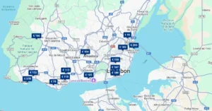 Alle snelweghotels onderweg langs de A1/E1/E80, A2, N10, A6/E90/E802/IP7 en A8 in de buurt van Lissabon, op Google Maps kaart