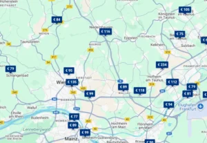 Alle snelweghotels onderweg langs de A3, A66, A643 en A671 in de buurt van Wiesbaden, op Google Maps kaart