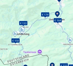 Alle snelweghotels onderweg langs de B307 in de buurt van Schleching, in de Duitse deelstaat Beieren, op een Google Maps hotelkaart: