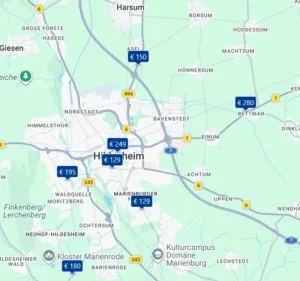 Alle snelweghotels onderweg langs de A7/E45, B1 en B6 in de buurt van Hildesheim, in de Duitse deelstaat Nedersaksen, Duitsland, op een Google Maps hotelkaart
