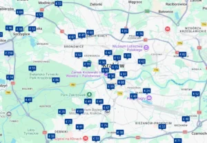 Alle snelweghotels onderweg langs de A4/E40 en S7/E77 in de buurt van Krakau, bij rivier Wisła, in Polen, op een Google Maps hotelkaart